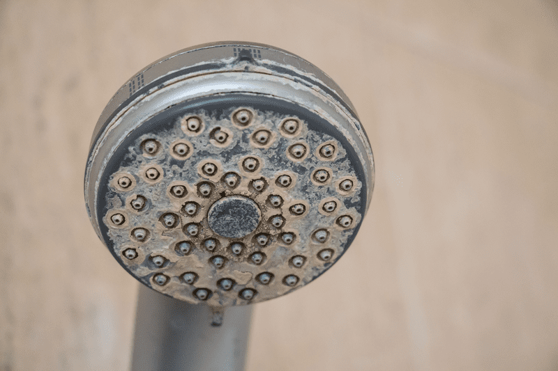 Hard water and calcium build up on a shower head